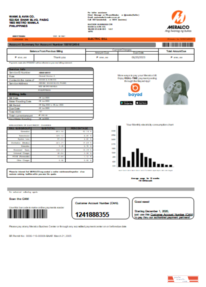 Meralco Philippines electricity utility business bill, SCR1 PSD template